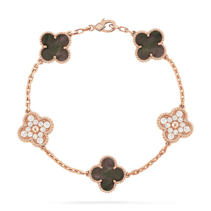 DIANA CLOVER 5 MOTIFS DARK MOP AND DIAMONDS PINK GOLD BRACELET