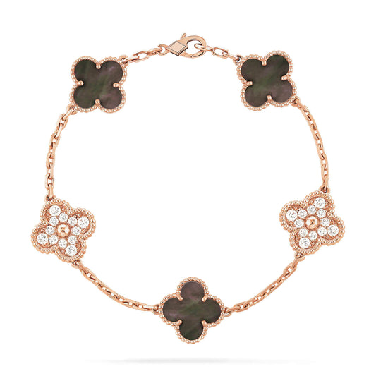 DIANA CLOVER 5 MOTIFS DARK MOP AND DIAMONDS PINK GOLD BRACELET
