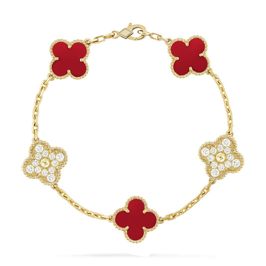 DIANA CLOVER 5 MOTIFS CARNELIAN DIAMOND BRACELET