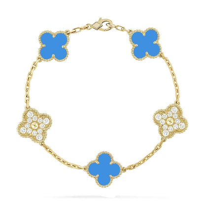 DIANA CLOVER 5 MOTIF BLUE CHALCEDONY DIAMOND GOLD BRACELET