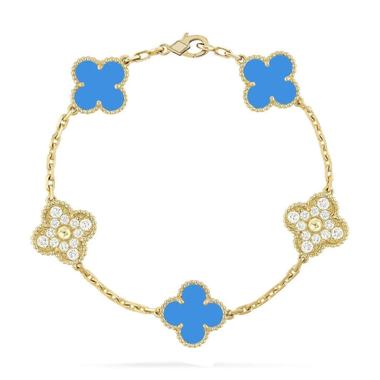 DIANA CLOVER 5 MOTIF BLUE CHALCEDONY DIAMOND GOLD BRACELET