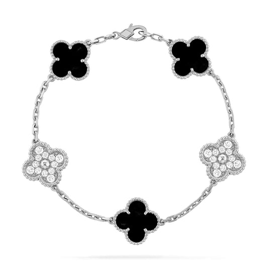 DIANA CLOVER 5 MOTIF ONYXS DIAMOND BRACELET SILVER