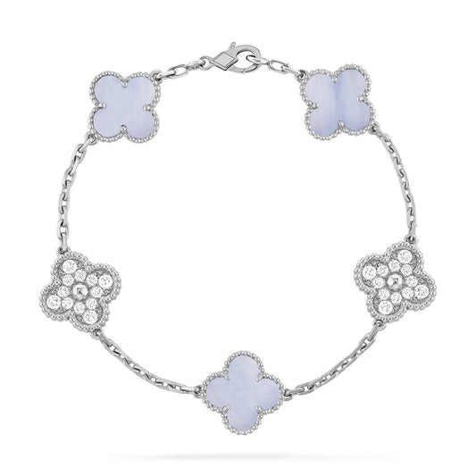 DIANA CLOVER  5 MOTIF DIAMOND PURPLE CHALCEDONY BRACELET SILVER