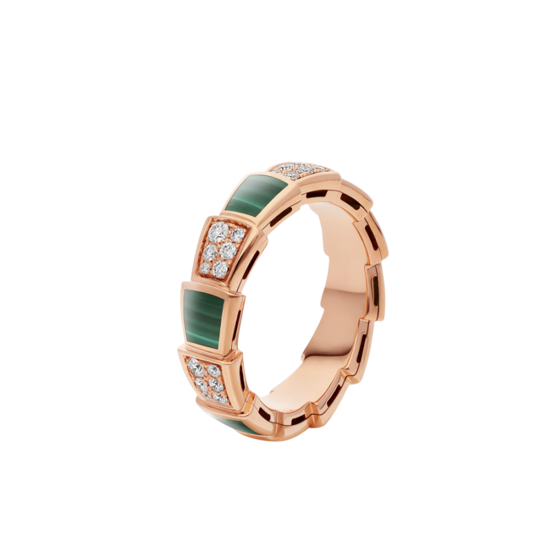 DIANA SERPENTI RING PINK GOLD MALACHITE DIAMOND PAVED 4MM