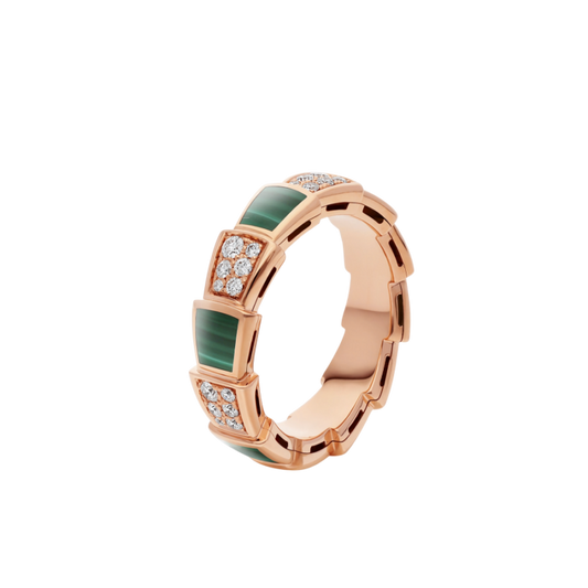DIANA SERPENTI RING PINK GOLD MALACHITE DIAMOND PAVED 4MM