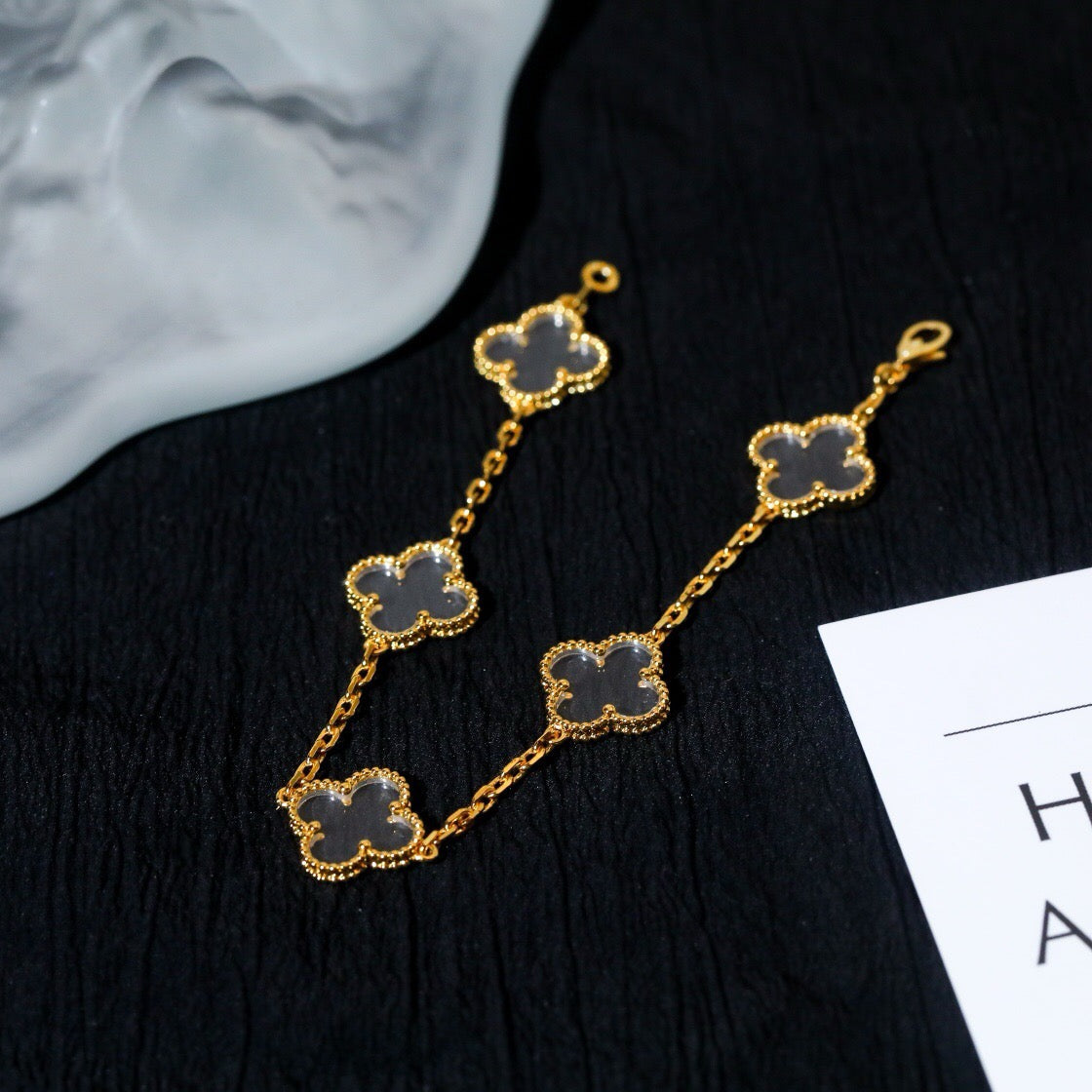 DIANA CLOVER 5 MOTIF ROCK CRYSTAL PINK GOLD BRACELET