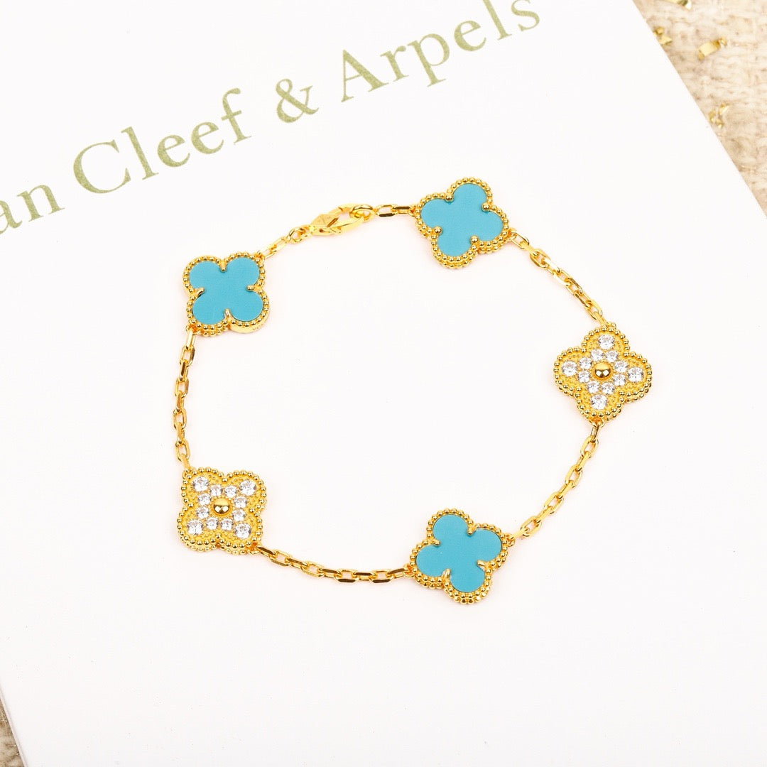 DIANA CLOVER 5 MOTIF TURQUOISE DIAMOND GOLD BRACELET