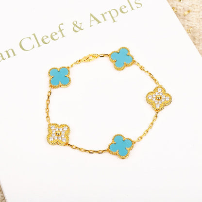 DIANA CLOVER 5 MOTIF TURQUOISE DIAMOND GOLD BRACELET