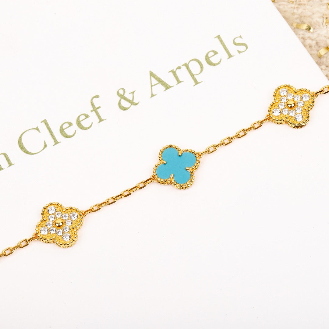 DIANA CLOVER 5 MOTIF TURQUOISE DIAMOND GOLD BRACELET