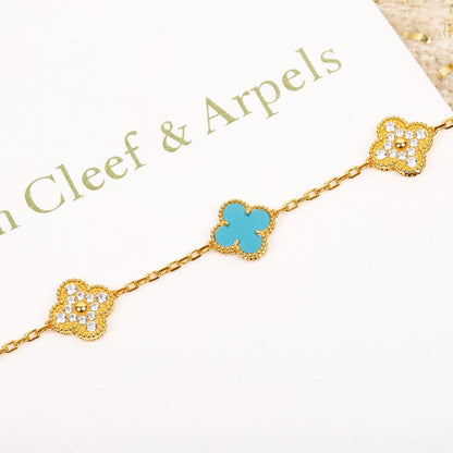DIANA CLOVER 5 MOTIF TURQUOISE DIAMOND GOLD BRACELET