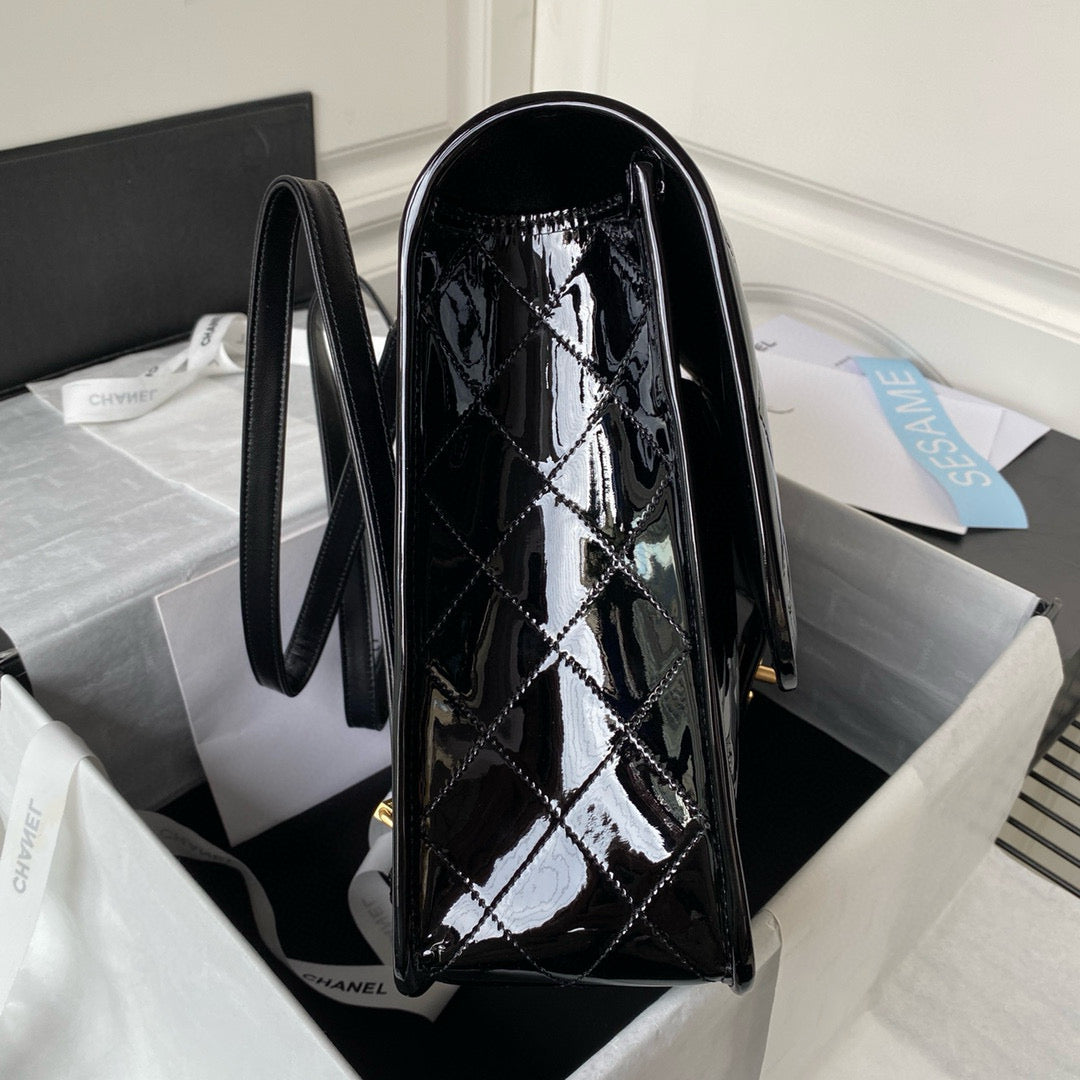 cc large backpack 31cm black patent calfskin gold hardware