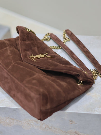 LOULOU PUFFER SMALL 29 CHOCOLATE SUEDE GHW