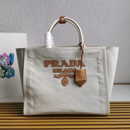 Prada Whitte Canvas shopping bag leather trim