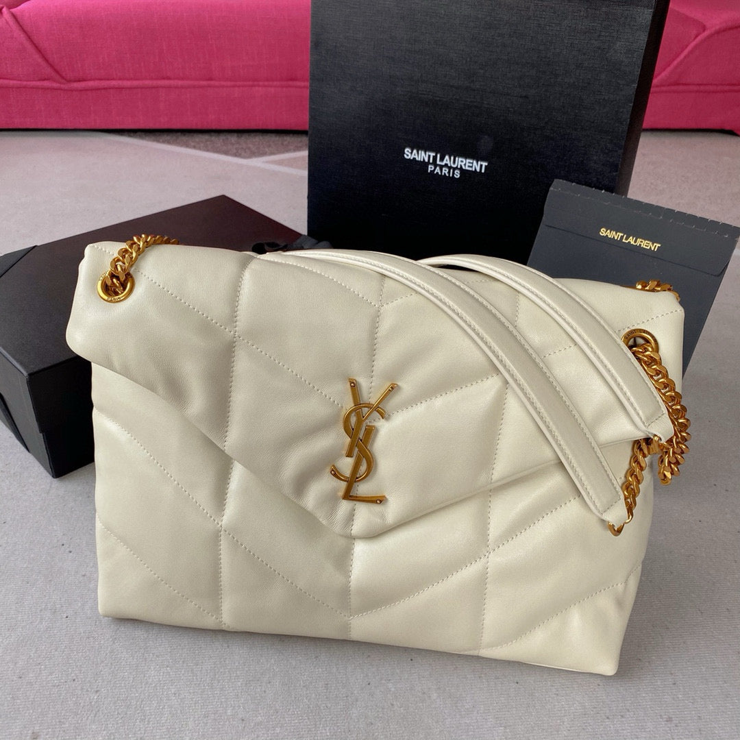 Loulou Puffer 35cm White Quilted Lambskin Bag Ghw