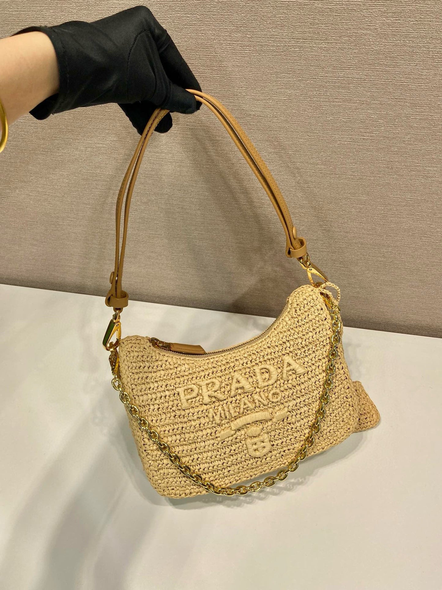 Pra Re-edition crochet mini-bag 22cm beige leather best version