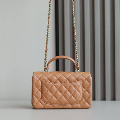 Mini Flap Bag With Top Handle 20cm Brown Lambskin Light Gold Hardware