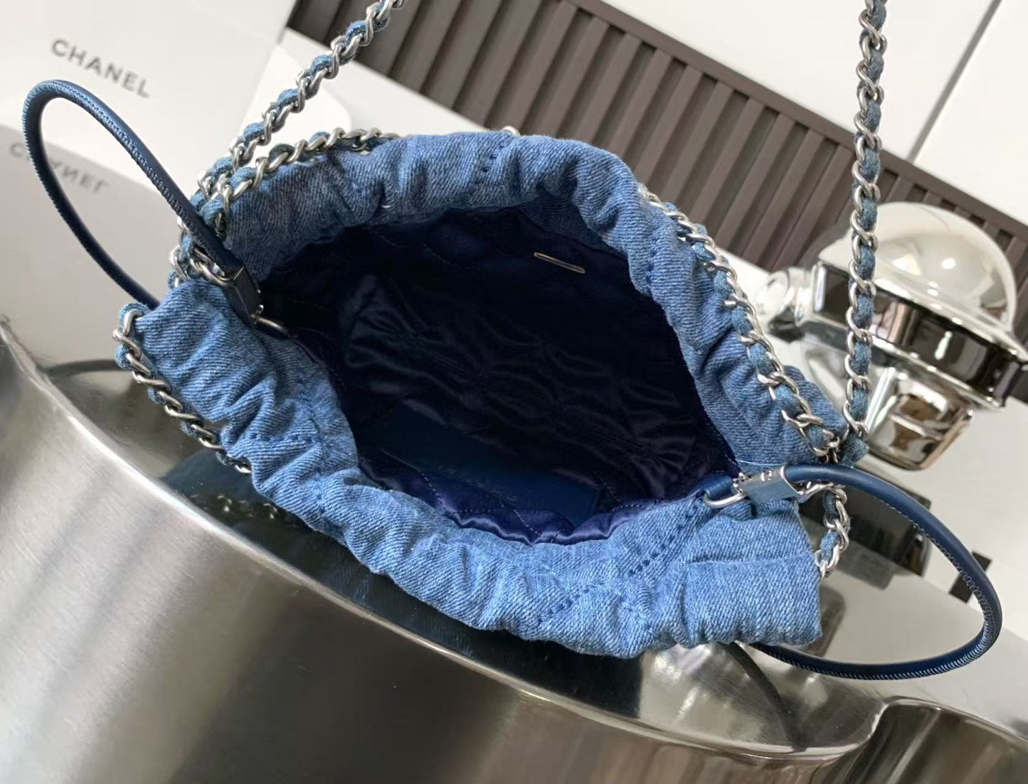 CC 22 Mini Chain Shoulder Bag Blue Denim Shw