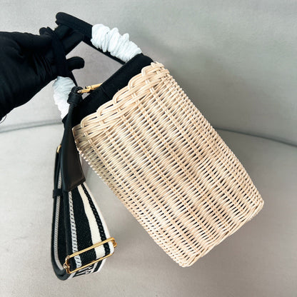 pra medium 26cm black wicker and linen blend tote bag