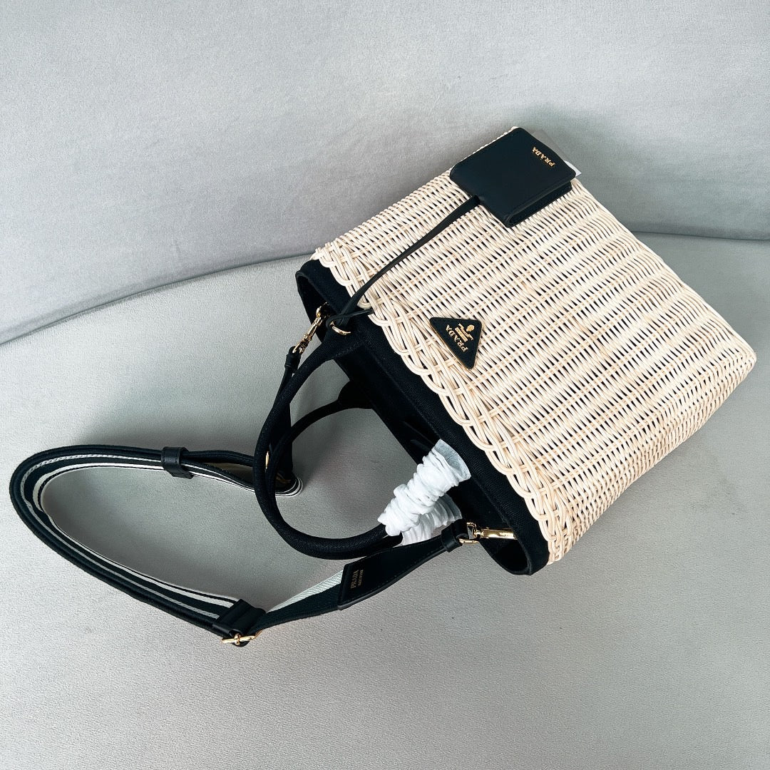 pra medium 26cm black wicker and linen blend tote bag