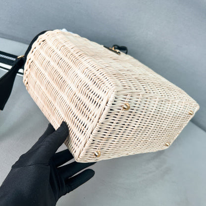 pra medium 26cm black wicker and linen blend tote bag