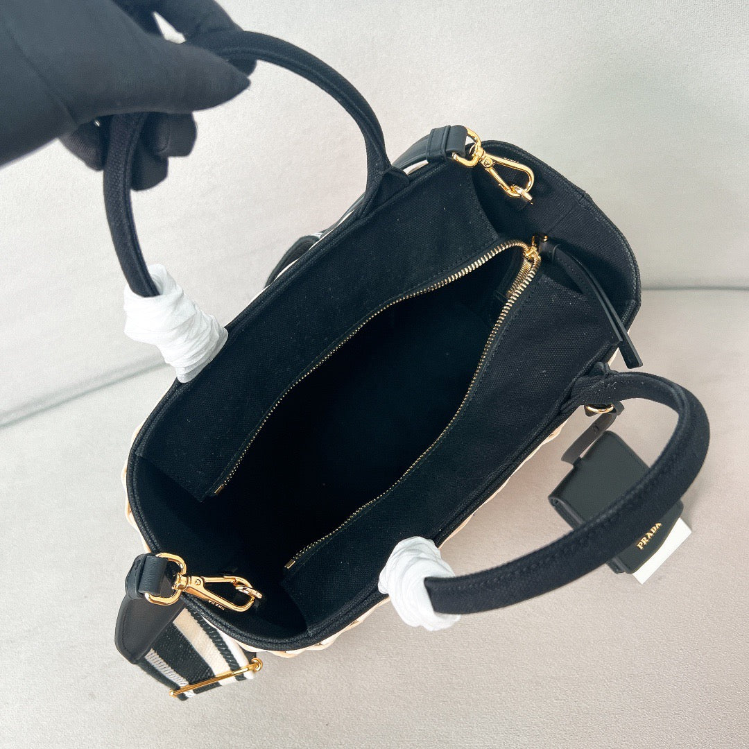 pra medium 26cm black wicker and linen blend tote bag