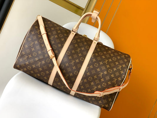LV Keepall Bandouliere 55 Monogram Canvas Brown Gold Hardware