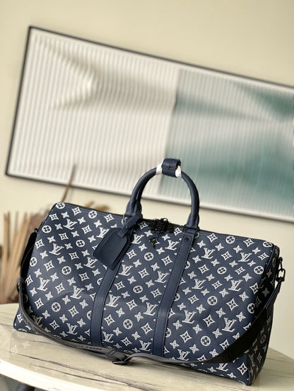 LV Keepall Bandouliere 50 Navy Blue Monogram Shadow Cowhide