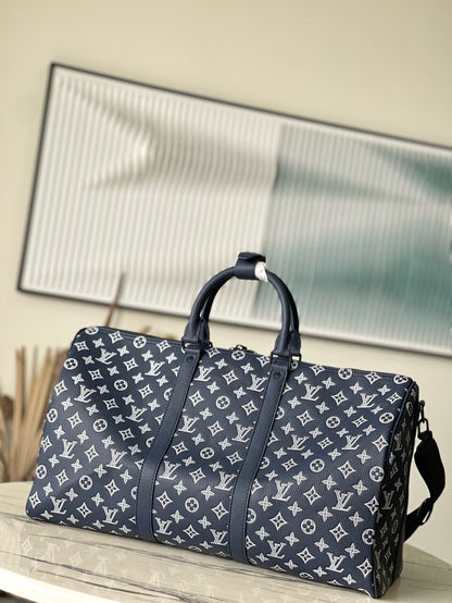 LV Keepall Bandouliere 50 Navy Blue Monogram Shadow Cowhide