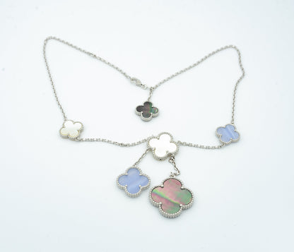 DIANA CLOVER MOP CHALCEDONY NECKLACE SILVER 6 MOTIF