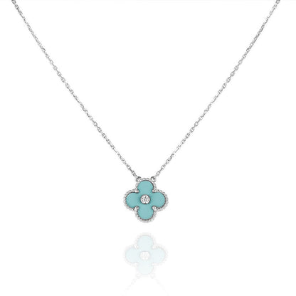 DIANA CLOVER 1 DIAMOND LIGHT BLUE SILVER NECKLACE