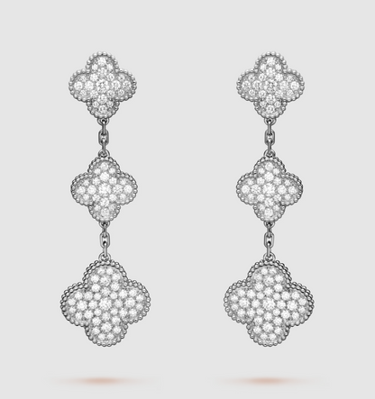 DIANA CLOVER 3 MOTIF DIAMOND SILVER DROP EARRINGS