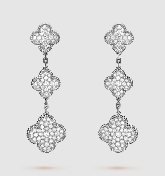 DIANA CLOVER 3 MOTIF DIAMOND SILVER DROP EARRINGS