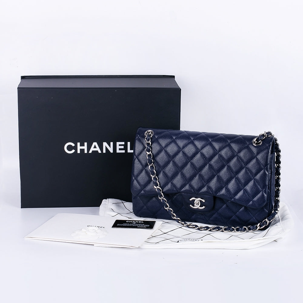 CC Classic Jumbo Navy Blue Lambskin Silver Hardware