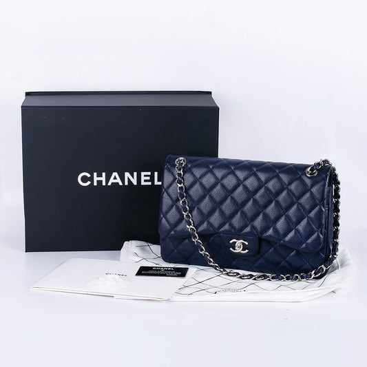 CC Classic Jumbo Navy Blue Lambskin Silver Hardware
