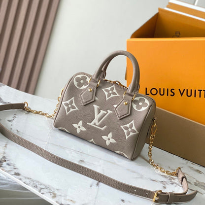 SPEEDY BANDOULI¨¨RE 20 IN TAUPE BROWN AND WHITE MONOGRAM EMPREINTE LEATHER
