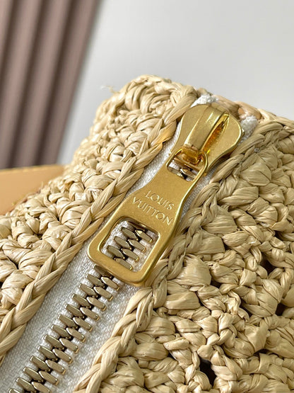 KEEPALL BANDOULI¨¨RE 25 IN BEIGE CROCHETED RAFFIA AND CALFSKIN TRIM