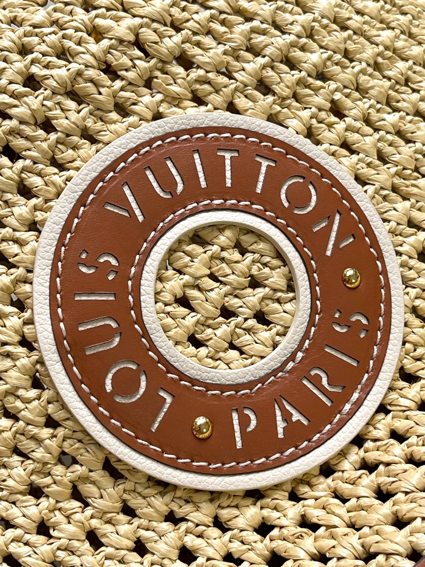 NO¨¦ PURSE 24 IN BEIGE CROCHETED RAFFIA AND BROWN CALFSKIN TRIM