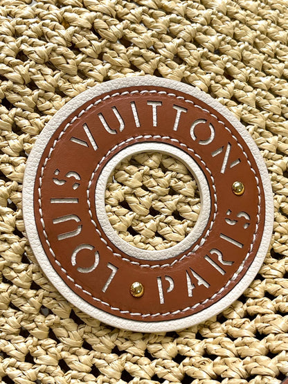 NO¨¦ PURSE 24 IN BEIGE CROCHETED RAFFIA AND BROWN CALFSKIN TRIM