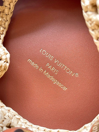 NO¨¦ PURSE 24 IN BEIGE CROCHETED RAFFIA AND BROWN CALFSKIN TRIM