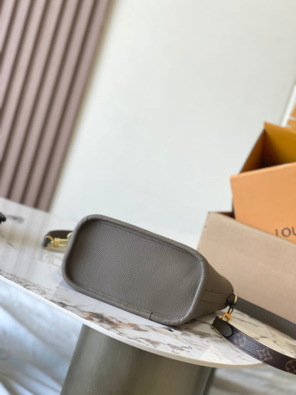 NEVERFULL BANDOULI¨¨RE INSIDE OUT BB 24 IN BROWN MONOGRAM CANVAS AND GRAY CALFSKIN