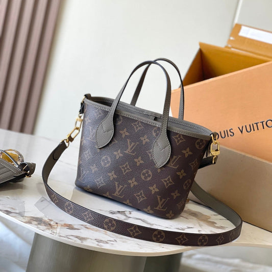 NEVERFULL BANDOULI¨¨RE INSIDE OUT BB 24 IN BROWN MONOGRAM CANVAS AND GRAY CALFSKIN