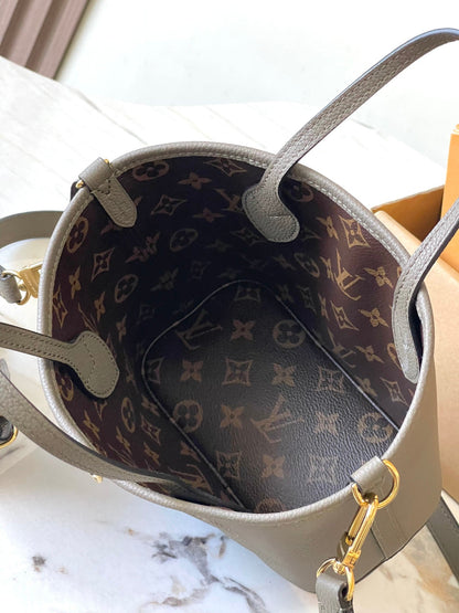 NEVERFULL BANDOULI¨¨RE INSIDE OUT BB 24 IN BROWN MONOGRAM CANVAS AND GRAY CALFSKIN