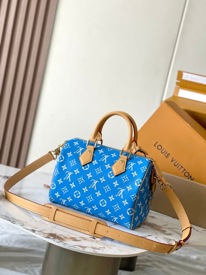 SPEEDY P9 BANDOULI¨¨RE 25 IN BLUE MONOGRAM CANVAS GOLD HARDWARE