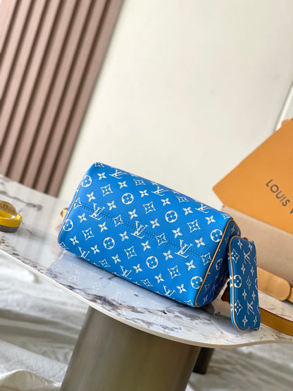 SPEEDY P9 BANDOULI¨¨RE 25 IN BLUE MONOGRAM CANVAS GOLD HARDWARE