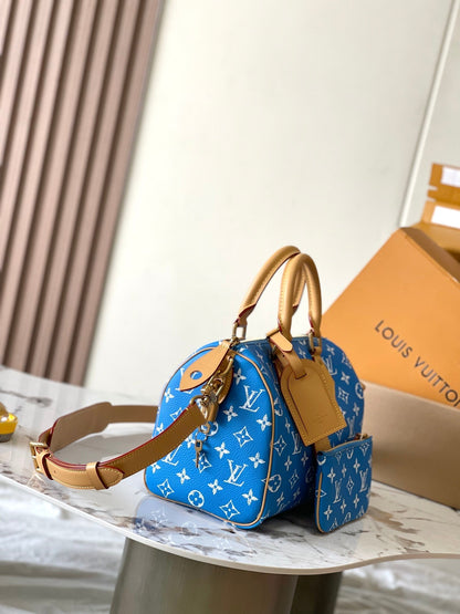 SPEEDY P9 BANDOULI¨¨RE 25 IN BLUE MONOGRAM CANVAS GOLD HARDWARE