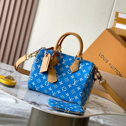 SPEEDY P9 BANDOULI¨¨RE 25 IN BLUE MONOGRAM CANVAS GOLD HARDWARE