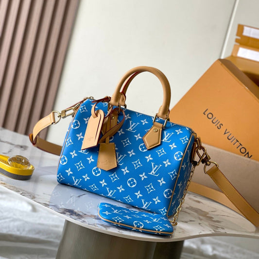 SPEEDY P9 BANDOULI¨¨RE 25 IN BLUE MONOGRAM CANVAS GOLD HARDWARE