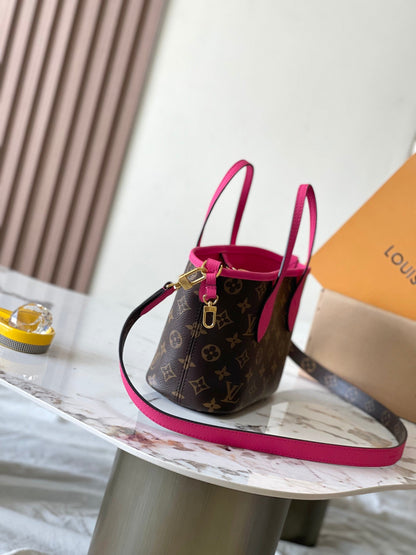 NEVERFULL BANDOULI¨¨RE INSIDE OUT BB 24 IN BROWN MONOGRAM CANVAS AND PINK CALFSKIN