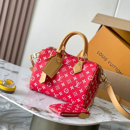 SPEEDY P9 BANDOULI¨¨RE 25 IN RED MONOGRAM CANVAS GOLD HARDWARE