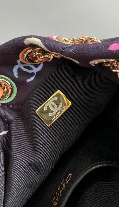 CC BACKPACK 22CM BLACK & MANY OTHER COLORS PRINTED FABRIC GOLD HARDWARE